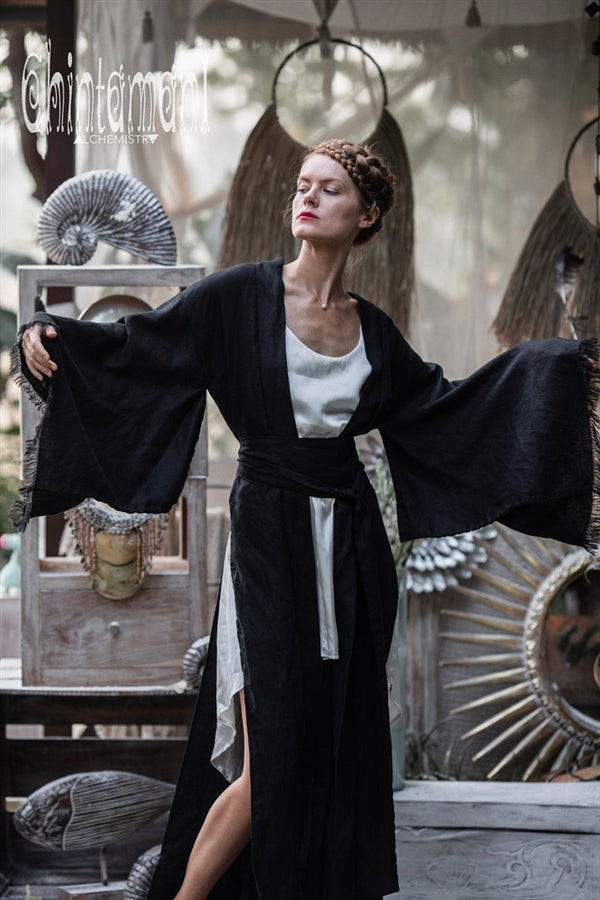 Black Linen Wide boho kimono