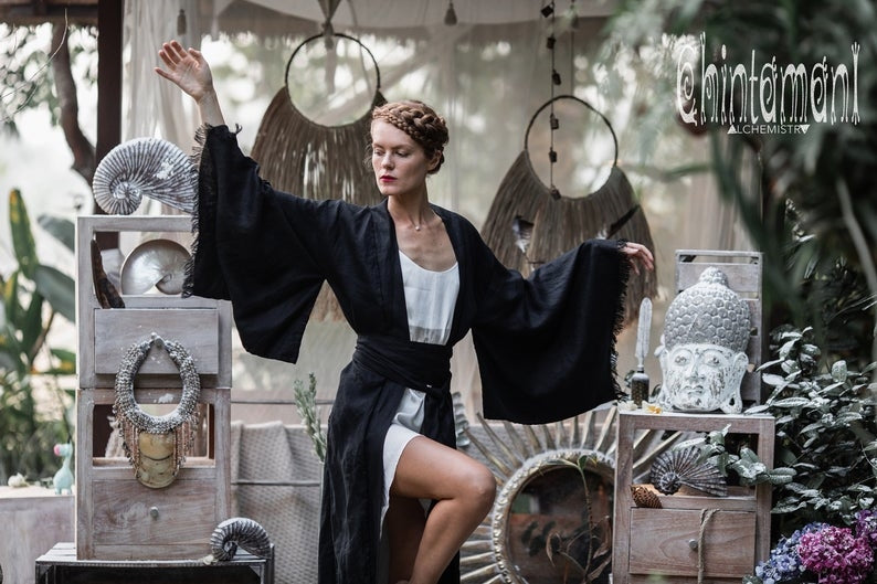 Black Linen Wide boho kimono