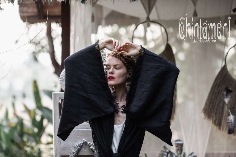 Black Linen Wide boho kimono
