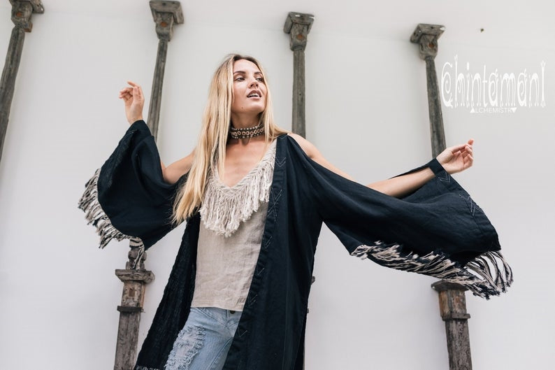 Black open back linen cardigan