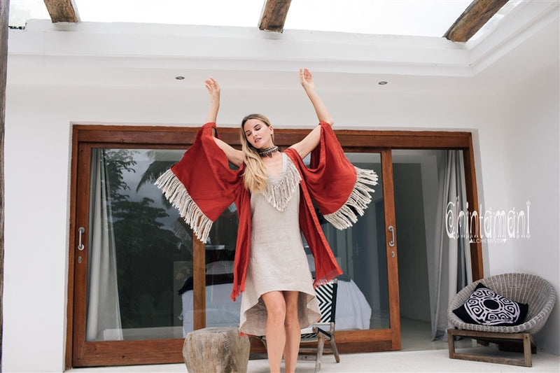 Red open back linen cardigan