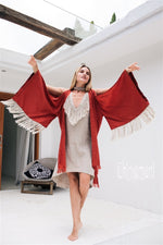 Red open back linen cardigan