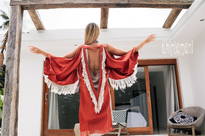 Red open back linen cardigan