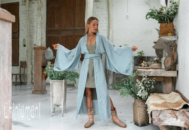 Long Linen Japanese Kimono - Blue