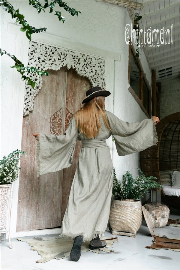Long Linen Japanese Kimono - Sage green