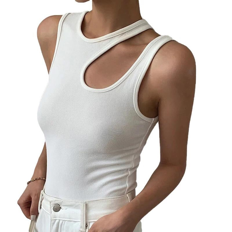 Sleeveless cut off white top