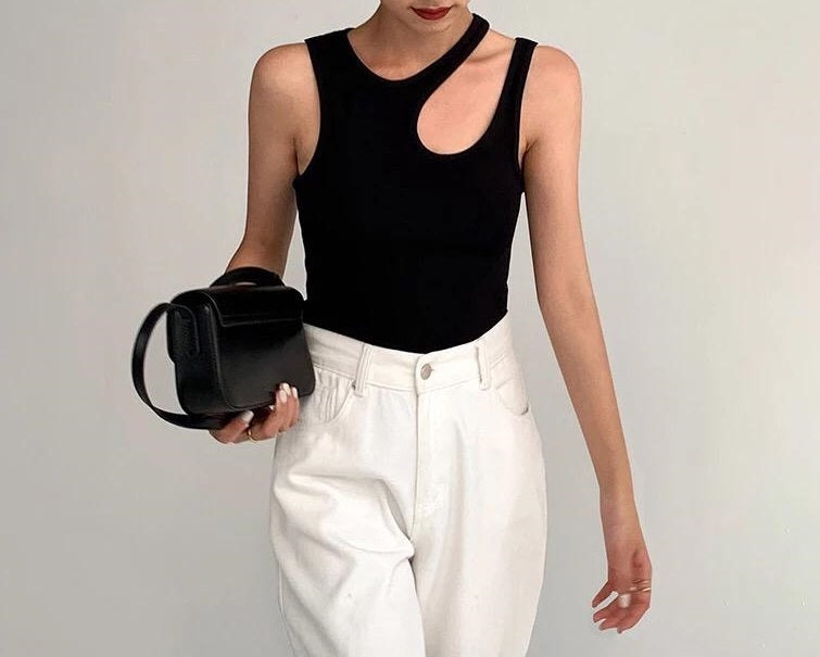 Sleeveless cut off black top