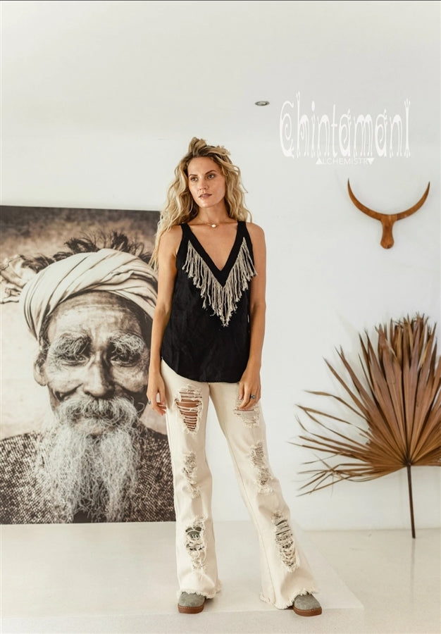 Backless black linen boho top