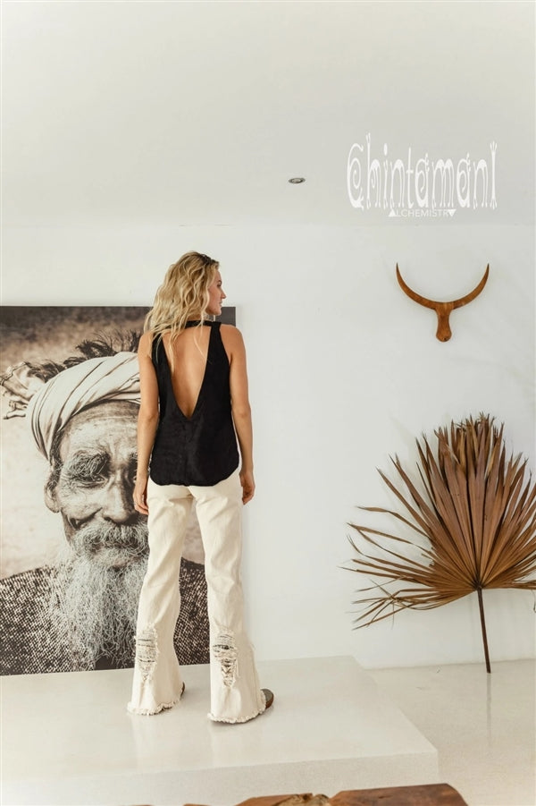 Backless black linen boho top