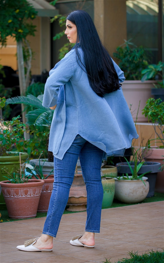 Blue short linen cardigan
