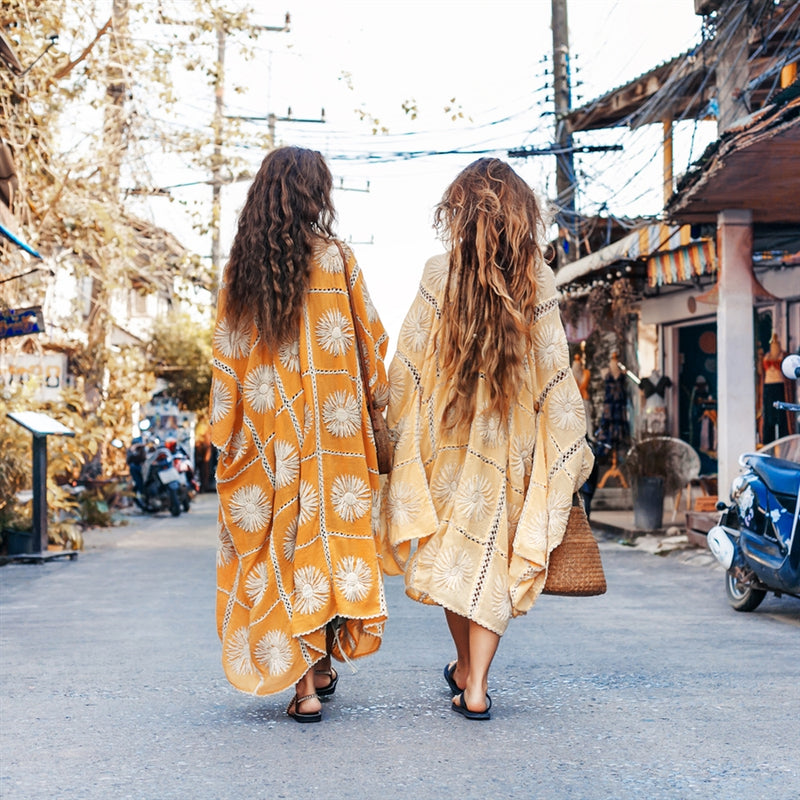 Yellow floral wide sleeves crochet Kimono