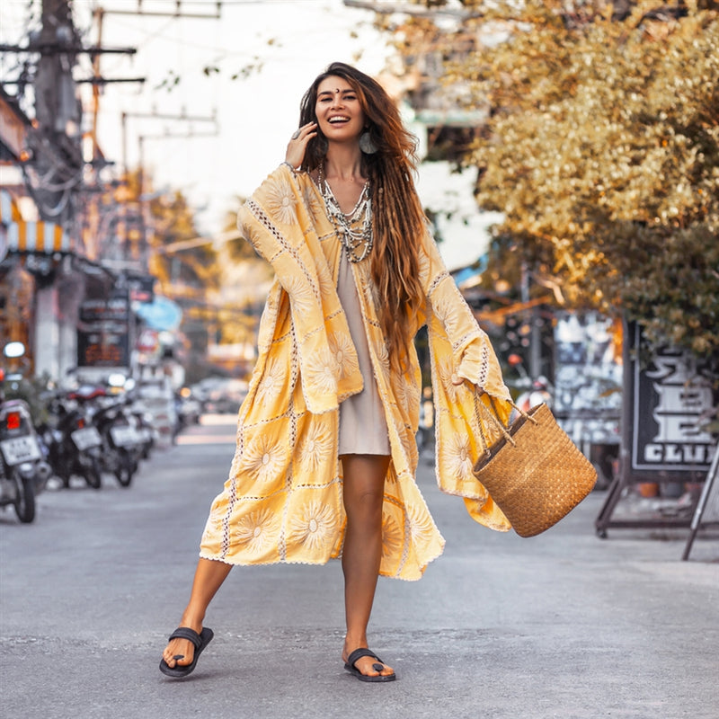 Yellow floral wide sleeves crochet Kimono