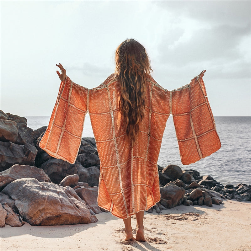 Orange wide sleeves crochet Kimono