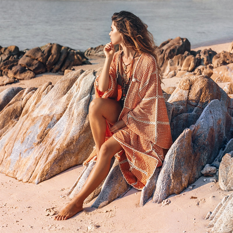 Orange wide sleeves crochet Kimono