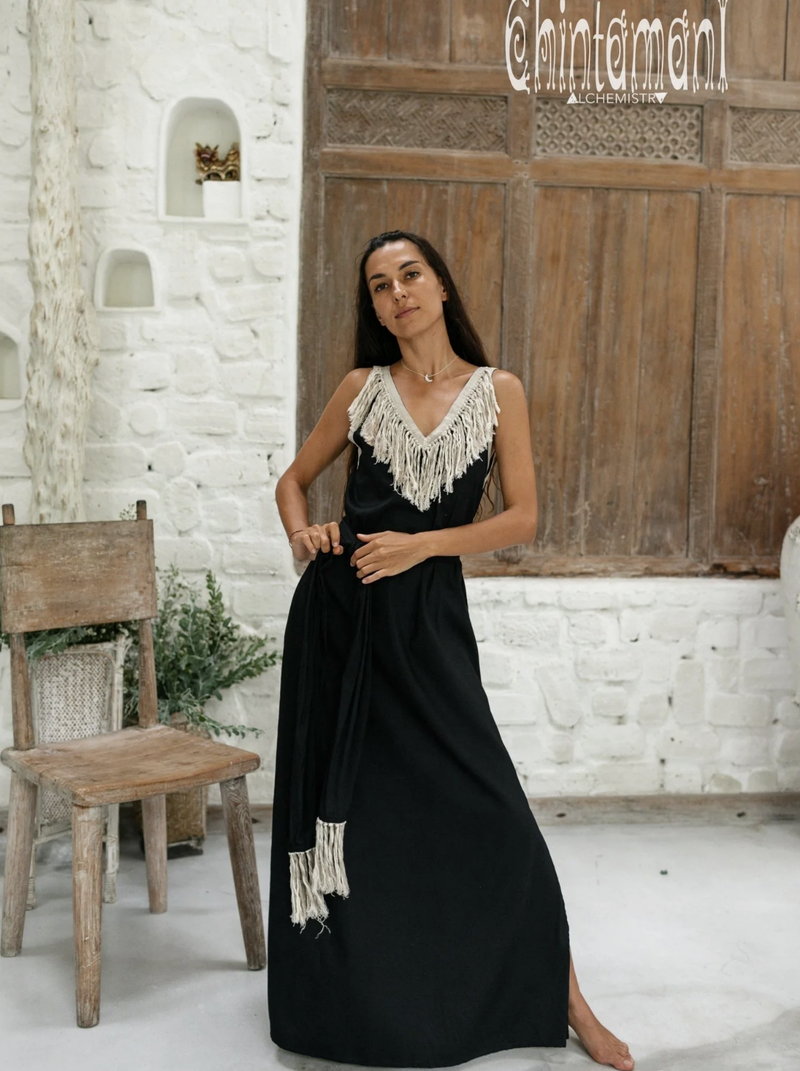 Cotton Boho Fringe Dress  - Black