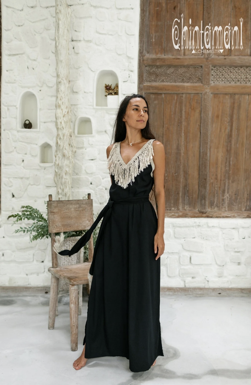 Cotton Boho Fringe Dress  - Black