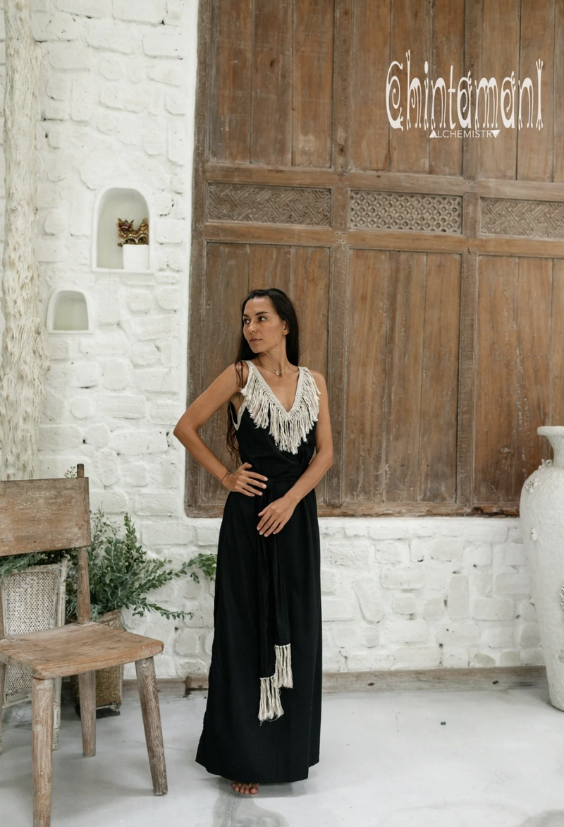 Cotton Boho Fringe Dress  - Black