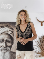 Black sleeveless linen boho top