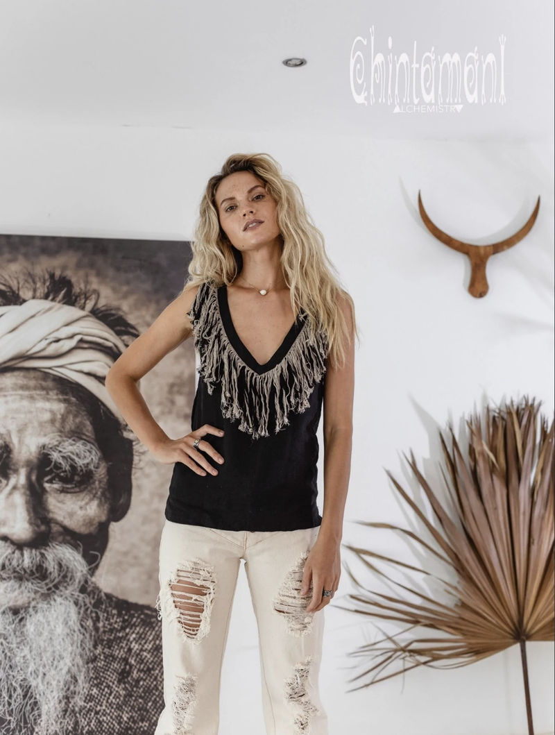 Black sleeveless linen boho top