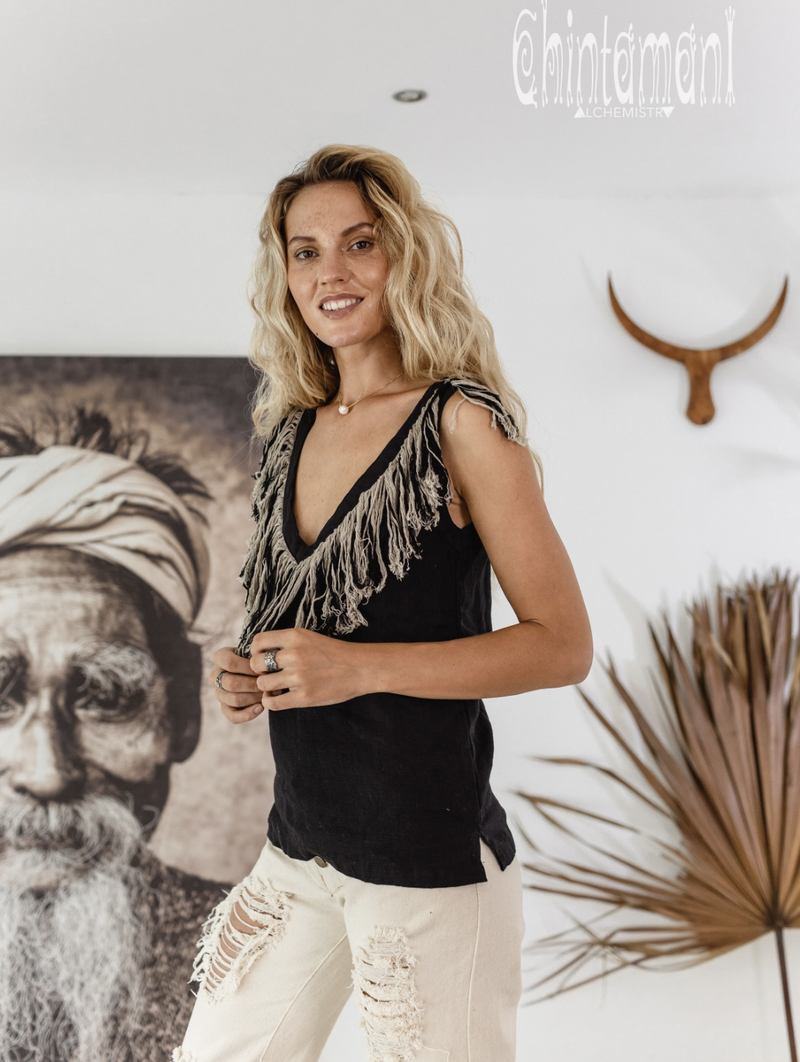 Black sleeveless linen boho top