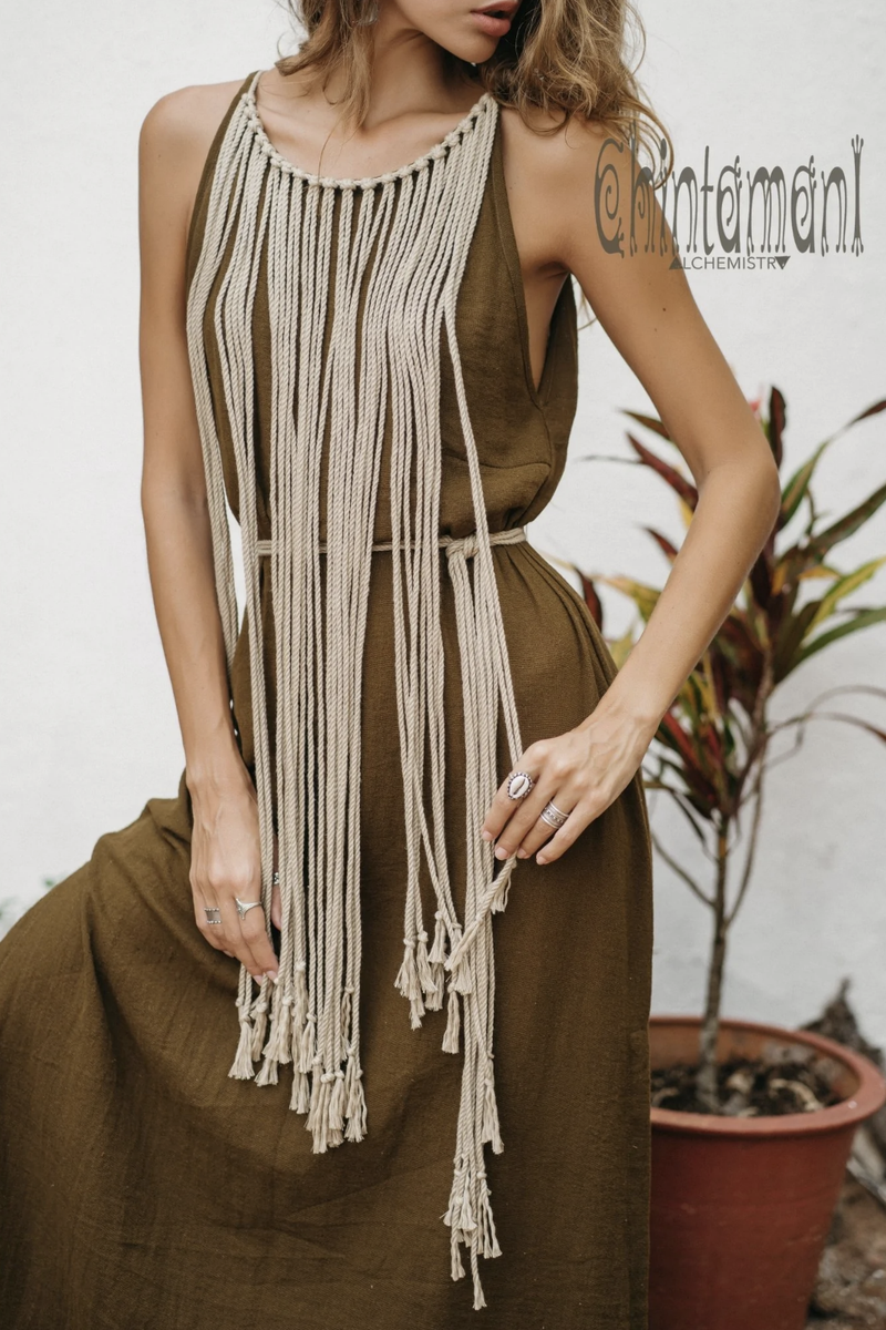 Rope collar boho brown dress