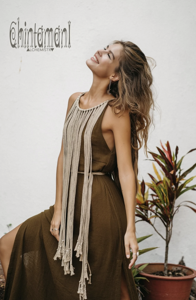 Rope collar boho brown dress