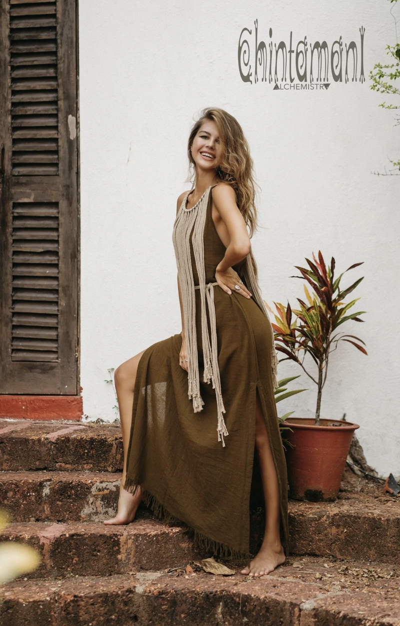 Rope collar boho brown dress