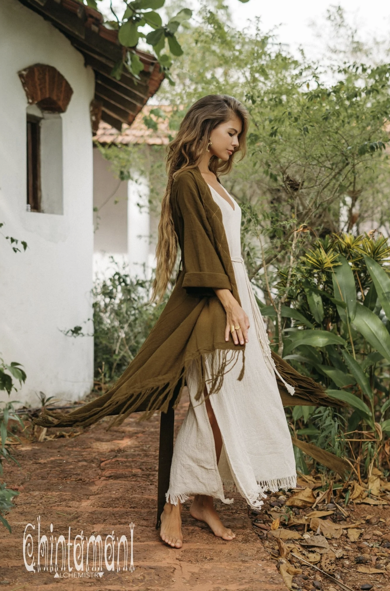 Brown long fringe kimono
