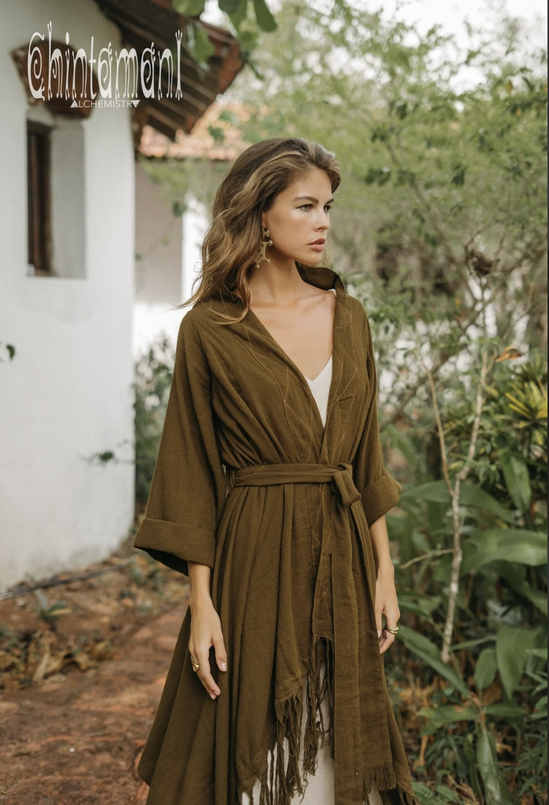 Brown long fringe kimono