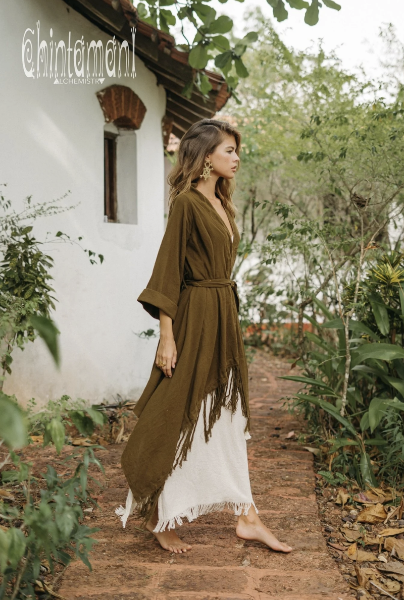 Brown long fringe kimono
