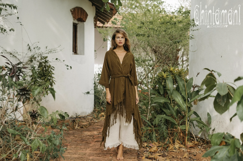 Brown long fringe kimono