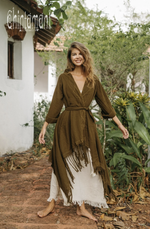 Brown long fringe kimono