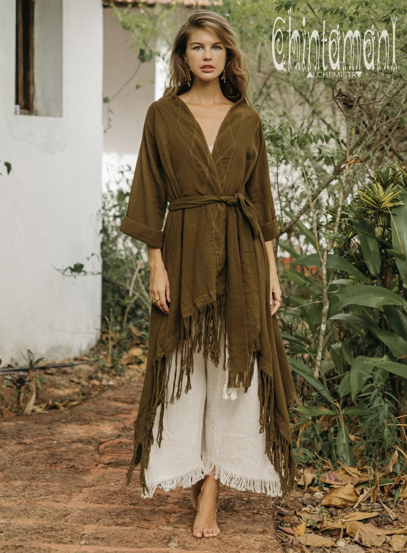 Brown long fringe kimono