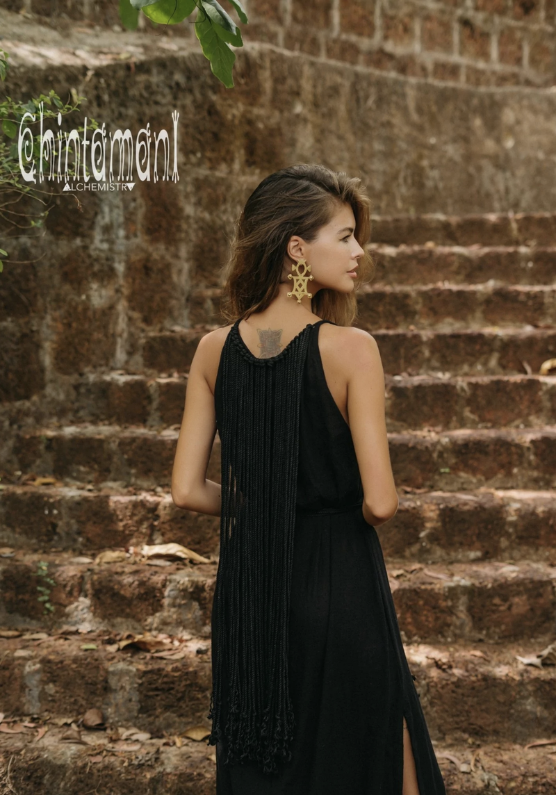 Rope collar boho black dress