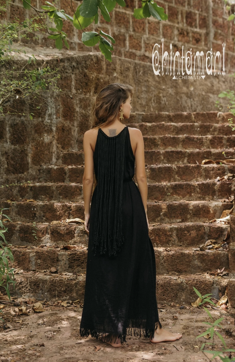 Rope collar boho black dress