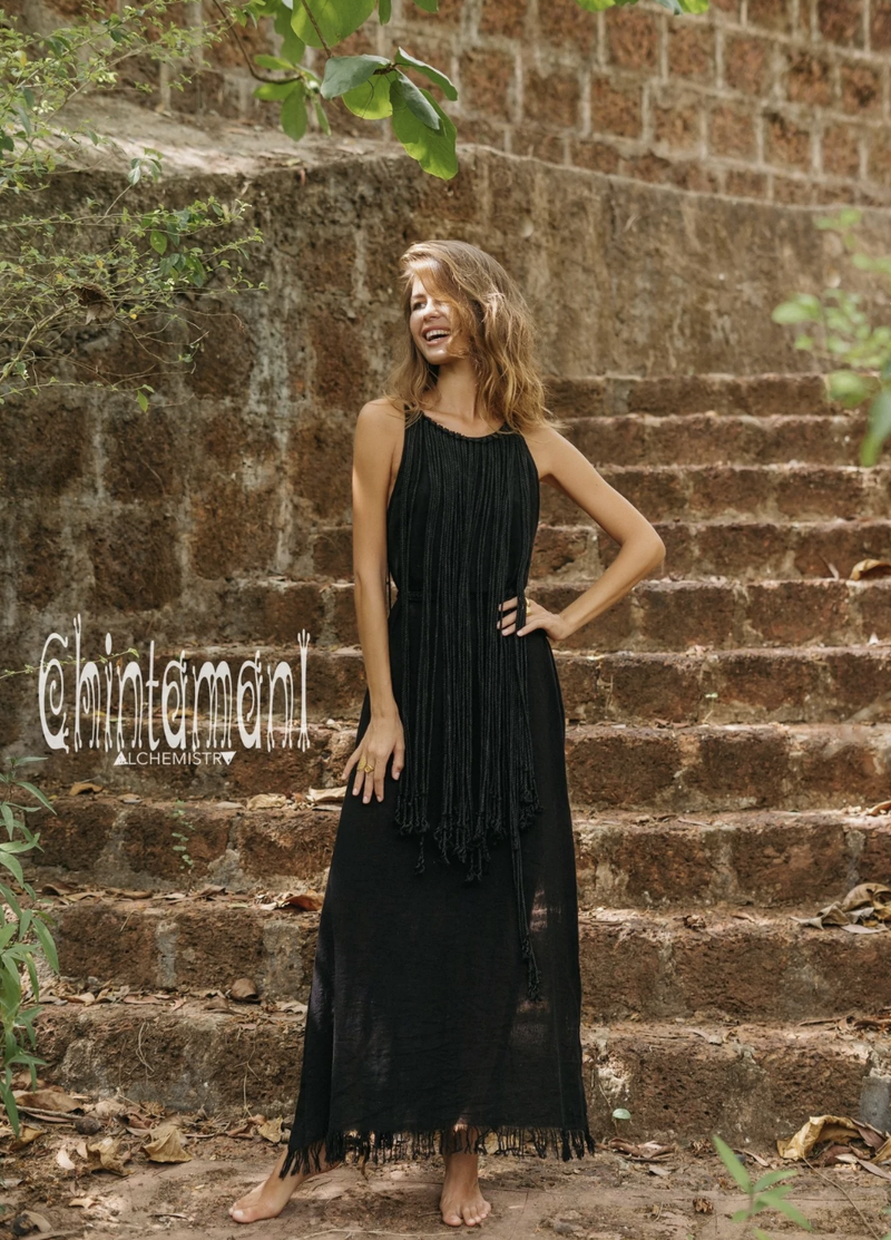 Rope collar boho black dress