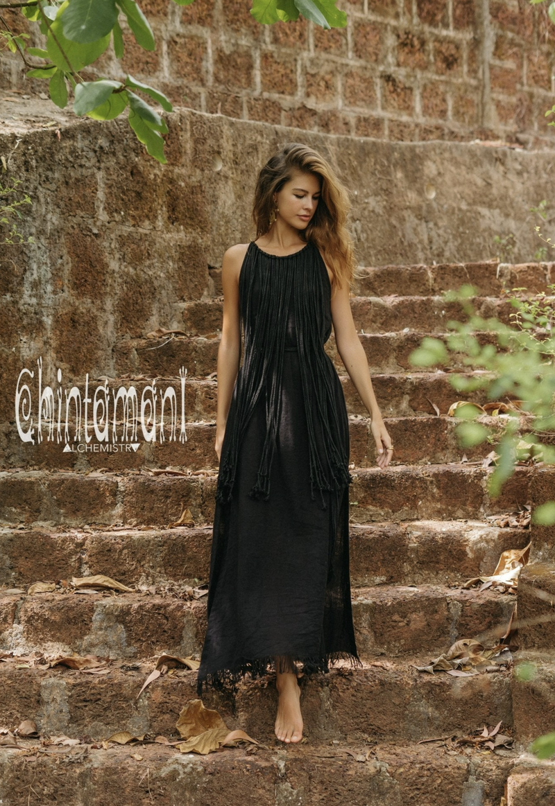 Rope collar boho black dress