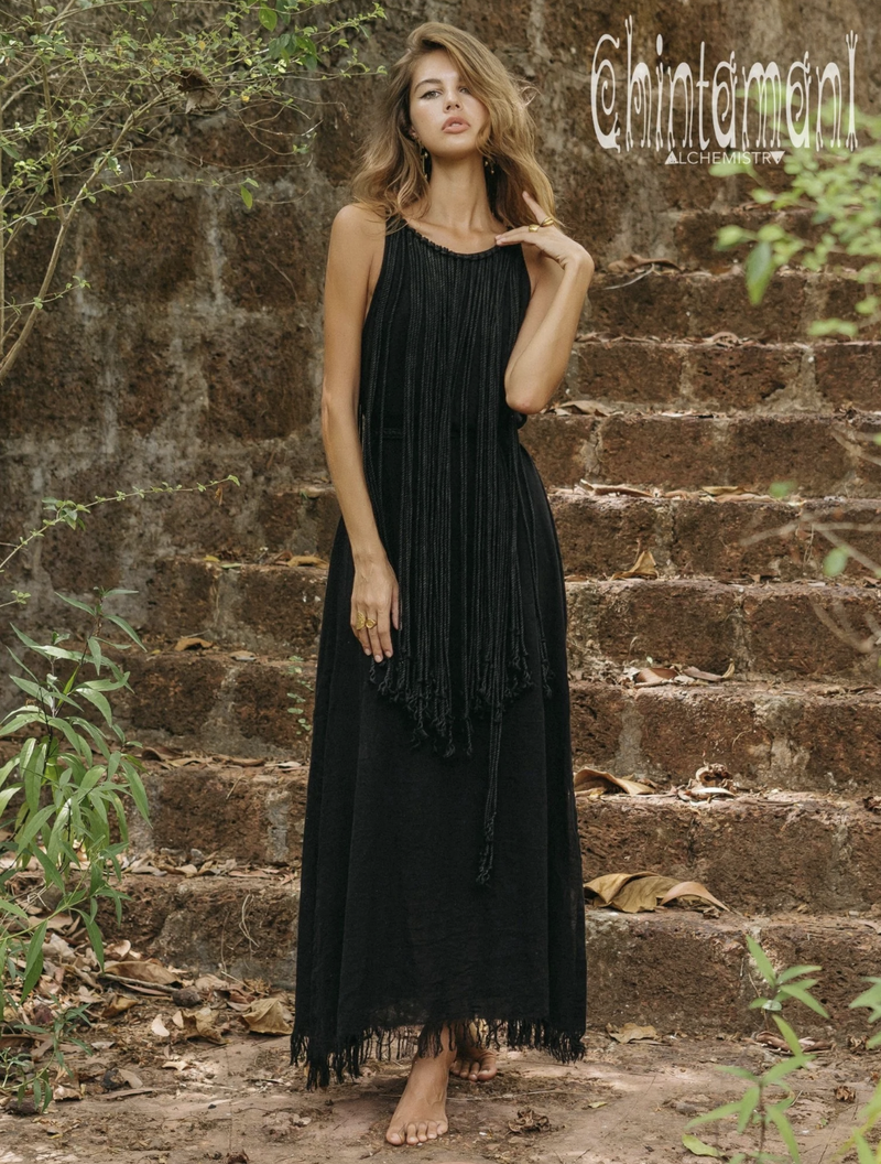 Rope collar boho black dress