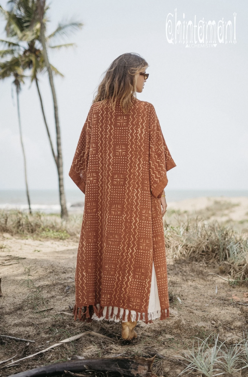 Rust kimono with block print