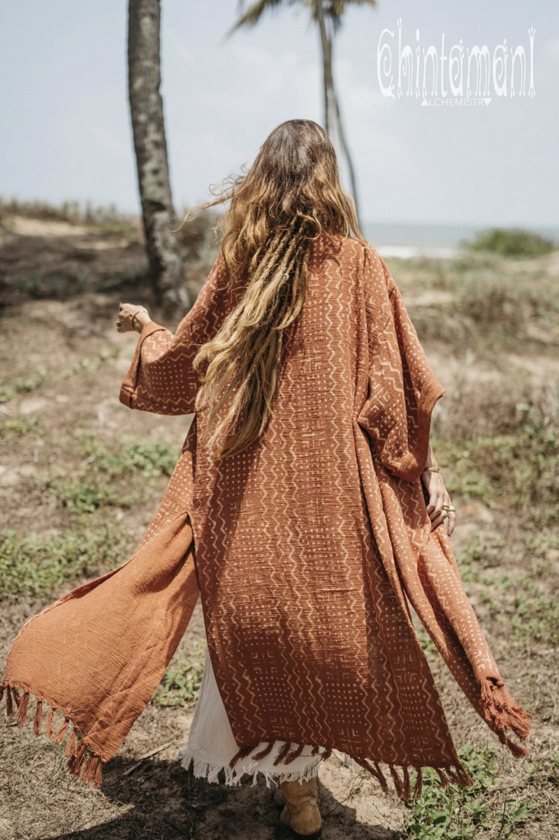 Rust kimono with block print