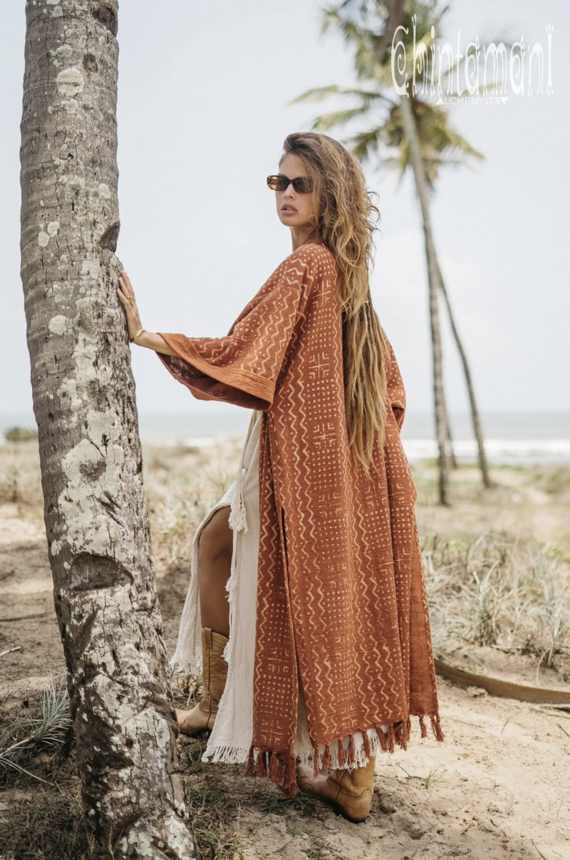 Rust kimono with block print