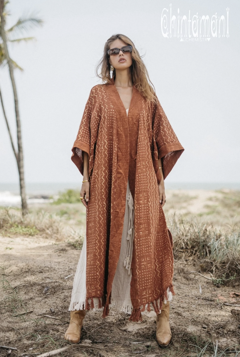 Rust kimono with block print