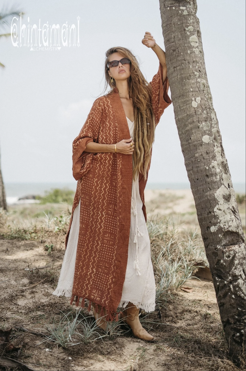 Rust kimono with block print