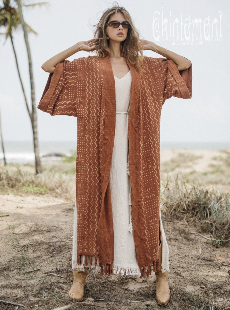 Rust kimono with block print