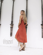 Red fringe linen dress