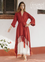 Red long fringe kimono