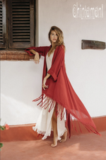 Red long fringe kimono