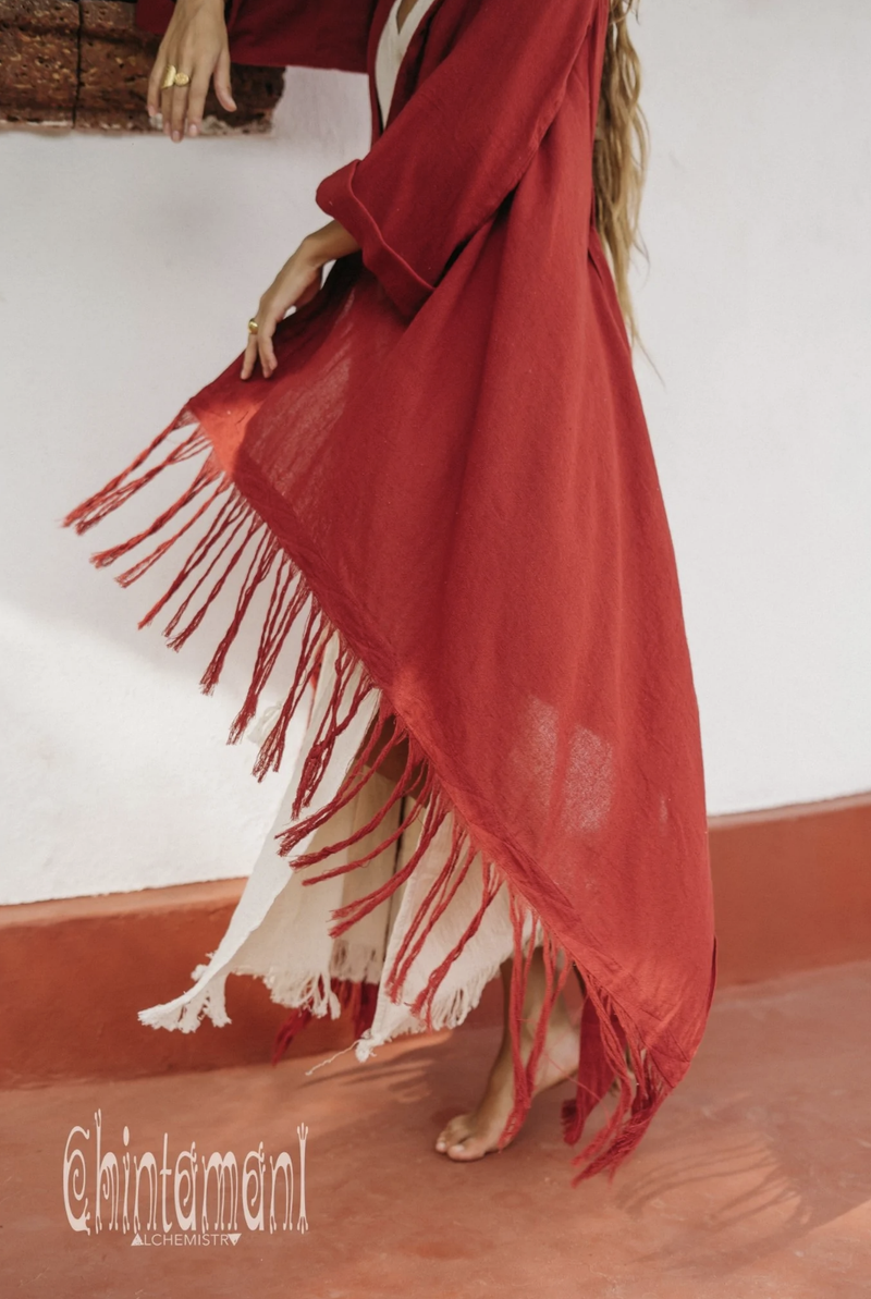 Red long fringe kimono