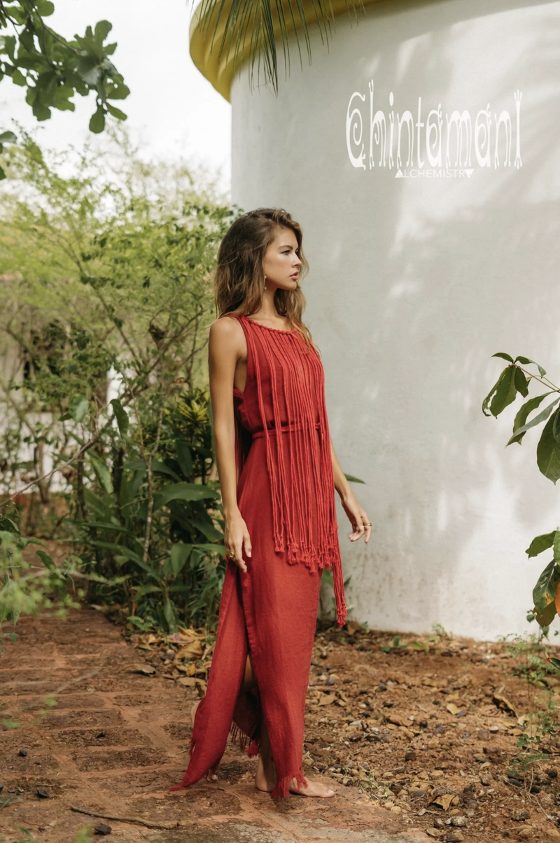 Rope collar boho Red dress