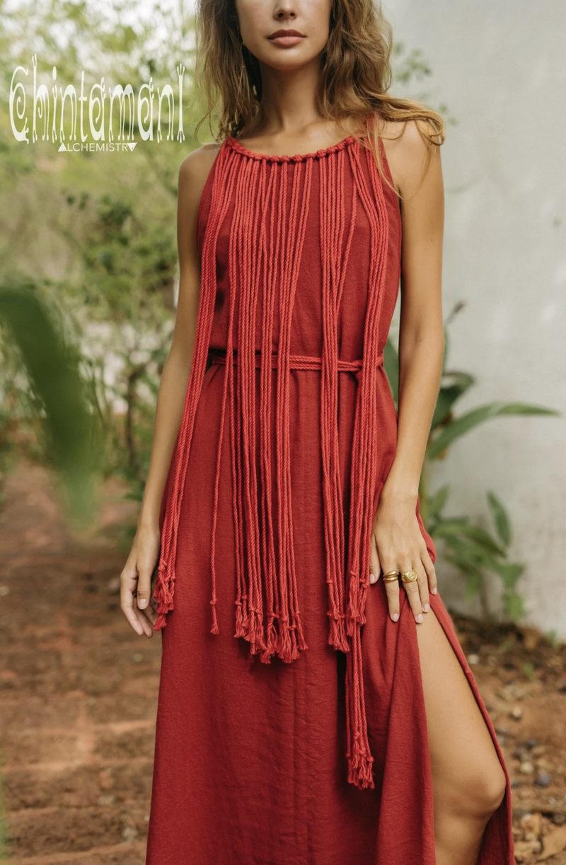 Rope collar boho Red dress